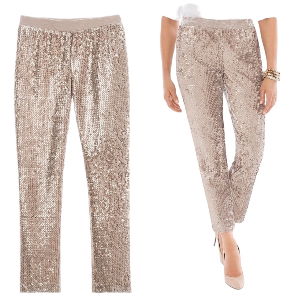 Chico's Tan Crushed Velvet Sequin Pants Size 2.5 - 14